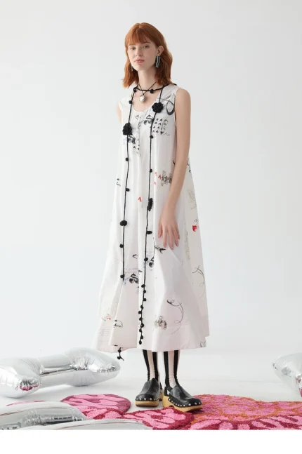Vintage artistic style printed large skirt long skirt