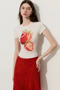 Lyocell White T-shirt with Strawberry Print for Women