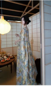 Saran color gold bamboo embroidery camisole dress