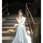 Holiday chiffon neck hanging suspender dress