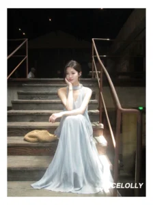 Holiday chiffon neck hanging suspender dress