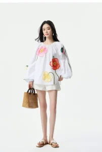 Handcrafted national style embroidered loose top with embroidered embroidery