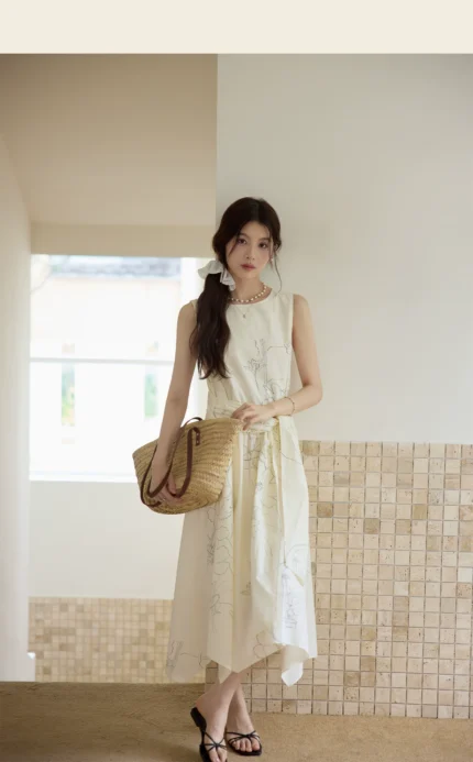 Printed round neck sleeveless lace up cream yellow dress