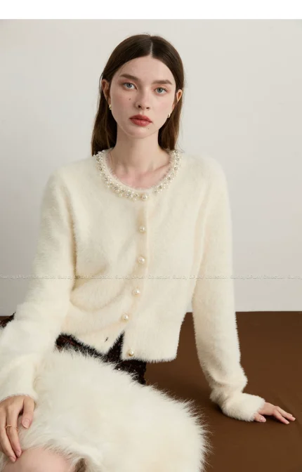 White Knitted Sweater Sparkling Diamond Pearl Sweater Top for Women