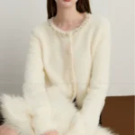 White Knitted Sweater Sparkling Diamond Pearl Sweater Top for Women