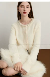 White Knitted Sweater Sparkling Diamond Pearl Sweater Top for Women