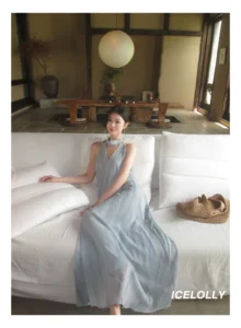 Holiday chiffon neck hanging suspender dress