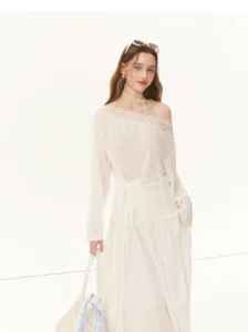 2026 Summer New One Shoulder Shirt Women's Lace Splicing Hoodie Top
