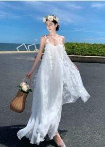 White pearl butterfly lace fairy mesh long suspender dress