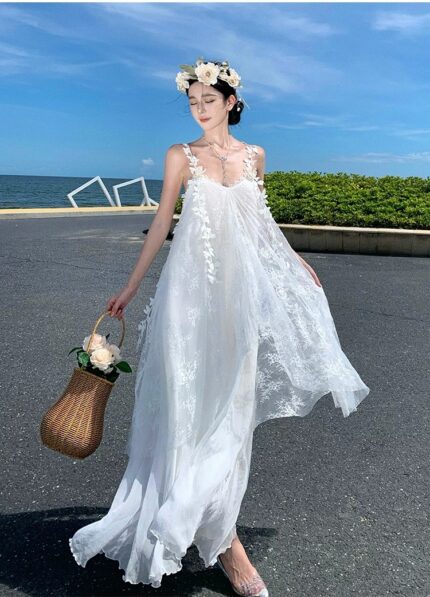 White pearl butterfly lace fairy mesh long suspender dress