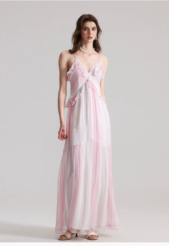 Summer new lightweight and elegant striped ruffle edge suspender long skirt