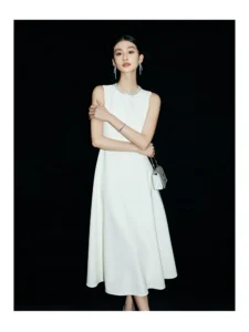 White Moonlight Nail Bead Hepburn Style White Dress
