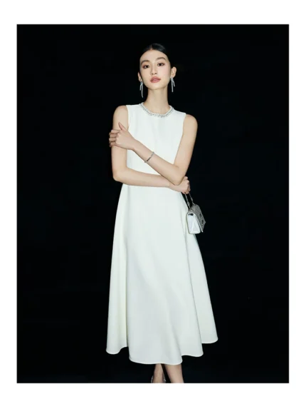 White Moonlight Nail Bead Hepburn Style White Dress