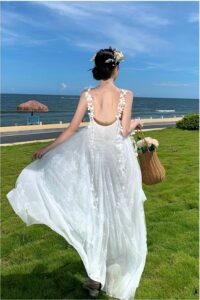 White pearl butterfly lace fairy mesh long suspender dress