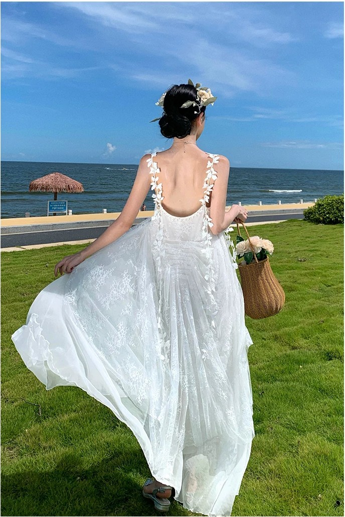 White pearl butterfly lace fairy mesh long suspender dress White pearl butterfly lace fairy mesh long suspender dress