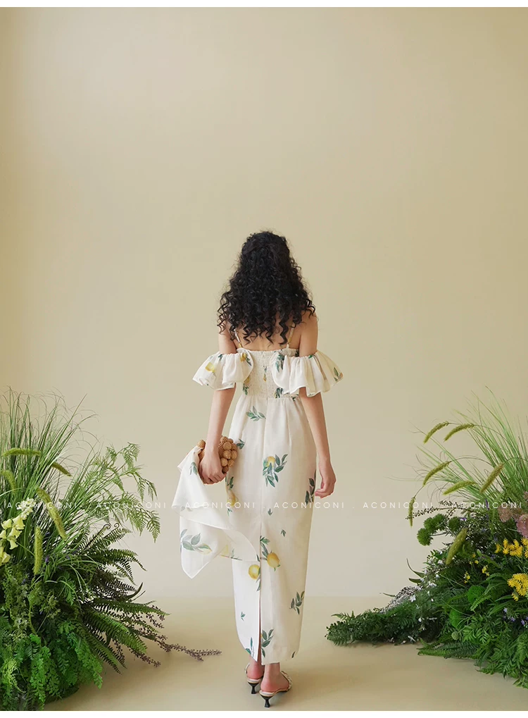 Lemon print camisole one shoulder vacation style dress dress Lemon print camisole one shoulder vacation style dress dress