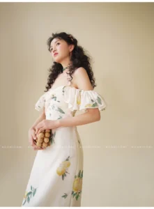 Lemon print camisole one shoulder vacation style dress dress