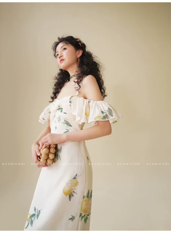 Lemon print camisole one shoulder vacation style dress dress