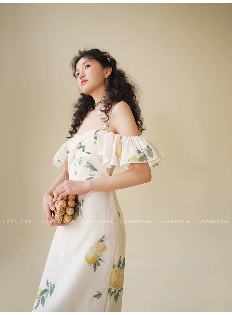 Lemon print camisole one shoulder vacation style dress dress!!2208242474827 Lemon print camisole one shoulder vacation style dress dress