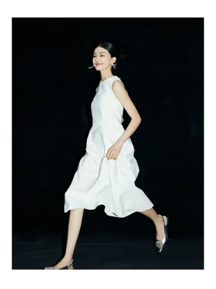 White Moonlight Nail Bead Hepburn Style White Dress