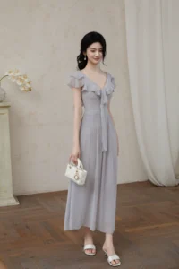 Three dimensional pleated lotus leaf edge dynamic chiffon dress