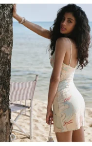French printed camisole dress for women, featuring off shoulder and sexy hip hugging skirt
