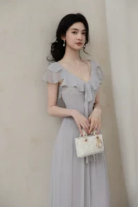 Three dimensional pleated lotus leaf edge dynamic chiffon dress