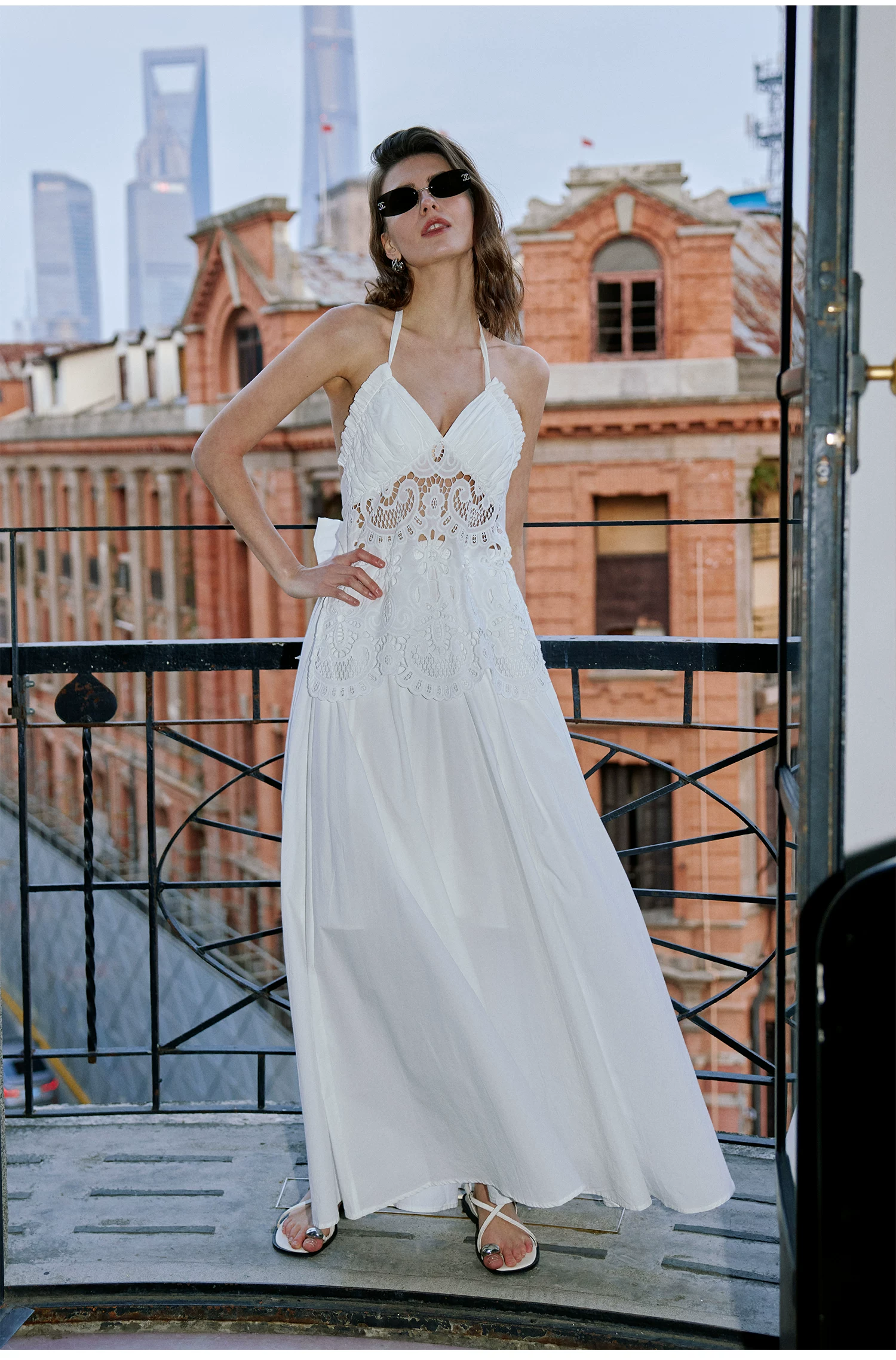 Vacation style hanging neck dress with hollowed out embroidery, exposed back, cinched waist, slimming effect, and large A-line long skirt!!2214157561576 Vacation style hanging neck dress with hollowed out embroidery, exposed back, cinched waist, slimming effect, and large A-line long skirt