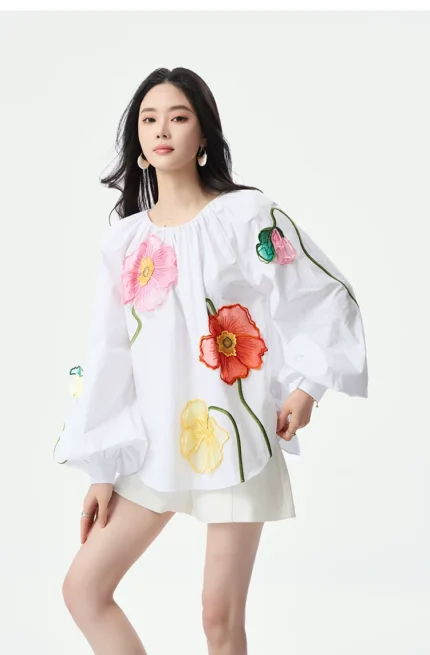 Handcrafted national style embroidered loose top with embroidered embroidery
