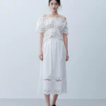 Camellia white hollowed out embroidered two-piece top and skirt