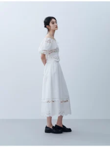 Camellia white hollowed out embroidered two-piece top and skirt