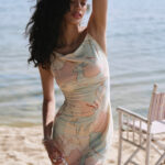 French printed camisole dress for women, featuring off shoulder and sexy hip hugging skirt