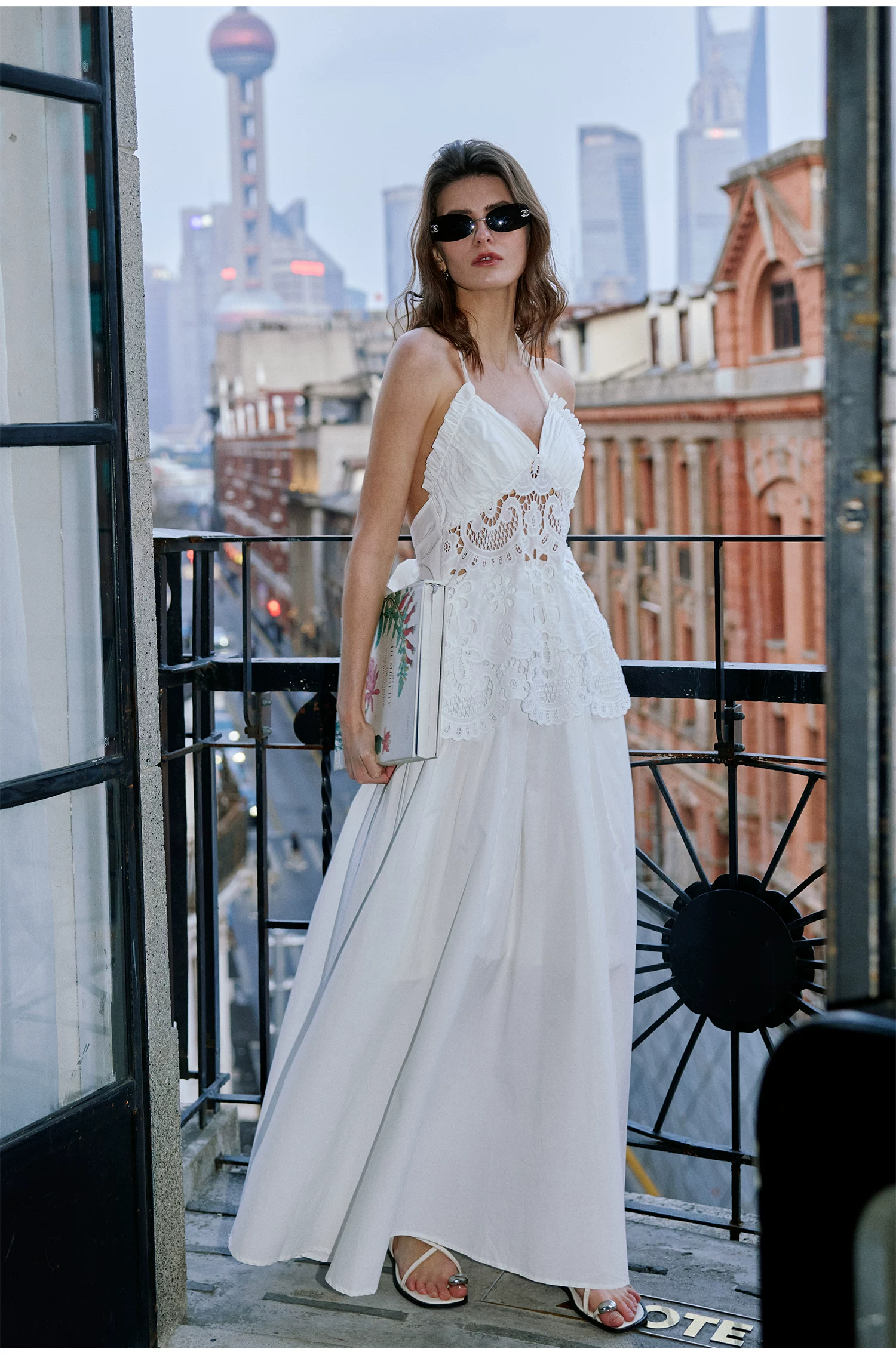 Vacation style hanging neck dress with hollowed out embroidery, exposed back, cinched waist, slimming effect, and large A-line long skirt!!2214157561576 Vacation style hanging neck dress with hollowed out embroidery, exposed back, cinched waist, slimming effect, and large A-line long skirt