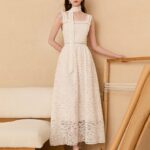 White camisole dress with elegant lace jacquard waist cinching long skirt