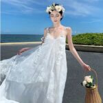 White pearl butterfly lace fairy mesh long suspender dress
