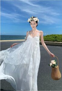 White pearl butterfly lace fairy mesh long suspender dress