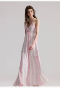 Summer new lightweight and elegant striped ruffle edge suspender long skirt