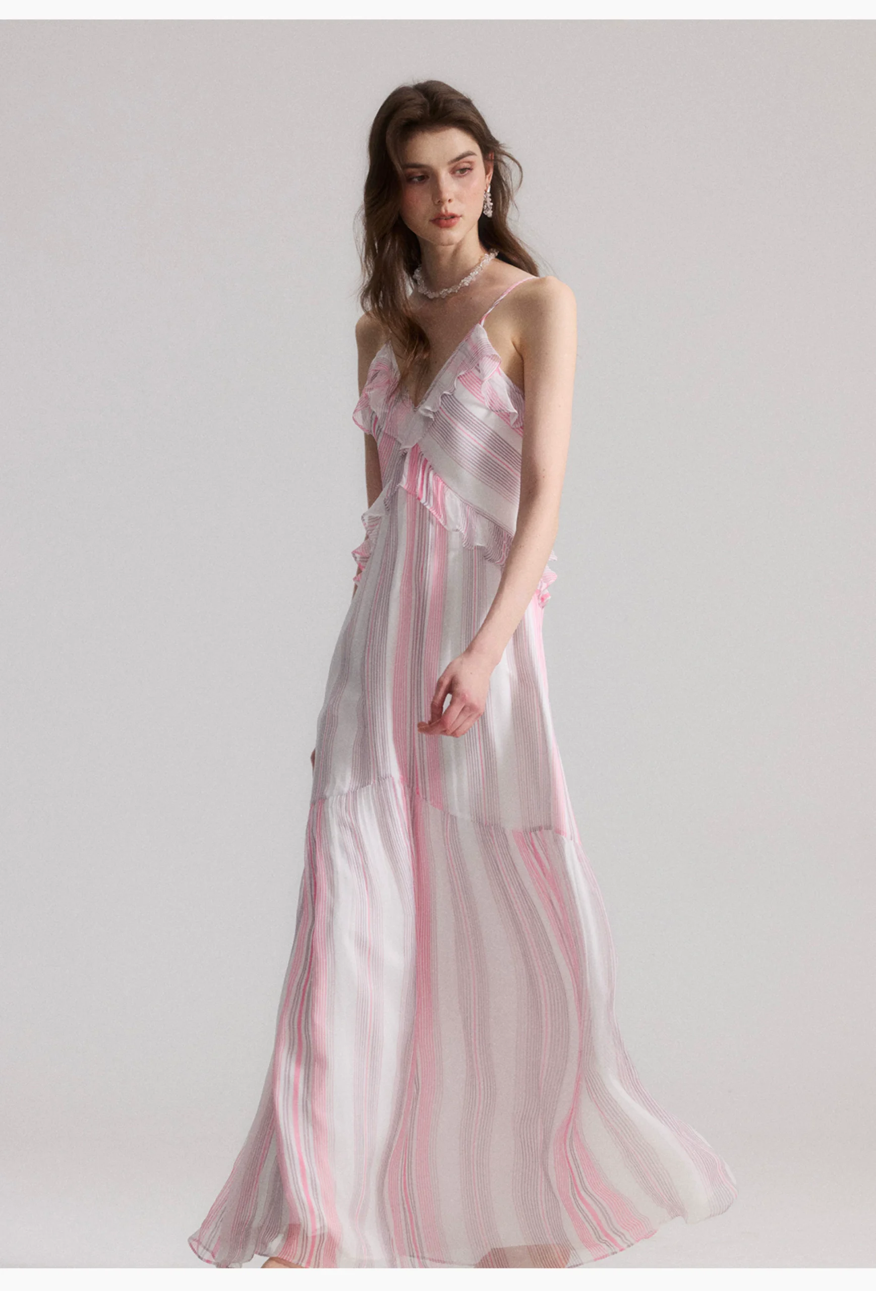 Summer new lightweight and elegant striped ruffle edge suspender long skirt Summer new lightweight and elegant striped ruffle edge suspender long skirt