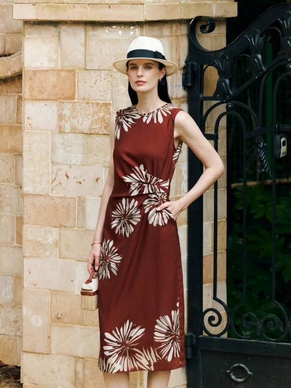 Tencel linen positioning printed vacation style dress