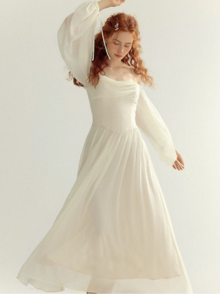 Dress with one shoulder white long skirt