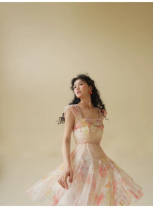 Girl oil painting print high-end design sense waist cinching dress