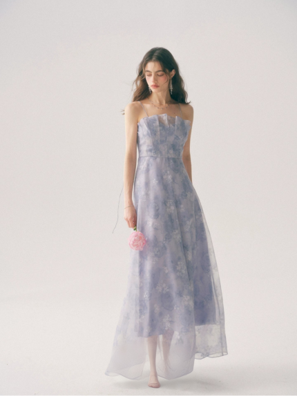 Blue dress, holiday floral dress, high-end camisole dress