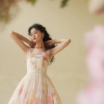 Girl oil painting print high-end design sense waist cinching dress