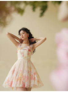 Girl oil painting print high-end design sense waist cinching dress