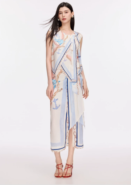 Printed vacation set, ribbon tied shirt, half skirt