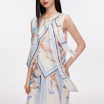 Printed vacation set, ribbon tied shirt, half skirt