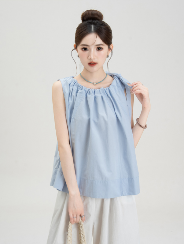 Blue French Sweet Sleeveless T-shirt Shirt