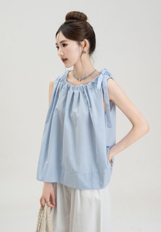 Blue French Sweet Sleeveless T-shirt Shirt