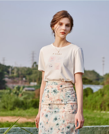 French white printed short sleeved t-shirt