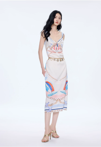 Rhine Island Style Printed Holiday Waist Strap Dress